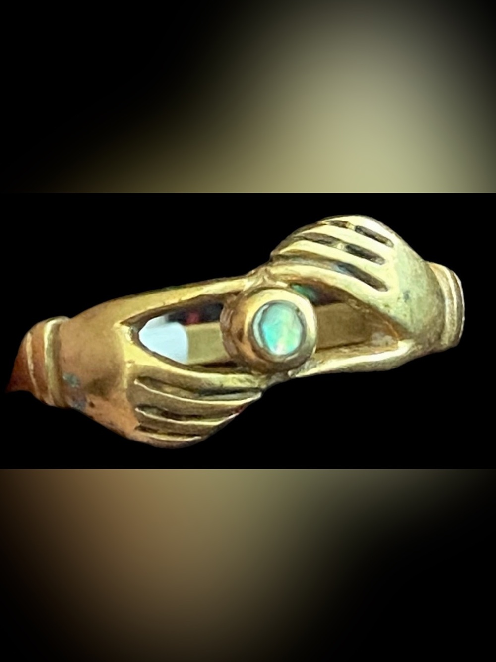 VTG Fede Gimmel Clasped Hands Ring Copper Gold Tone Opal Cabochon Statement